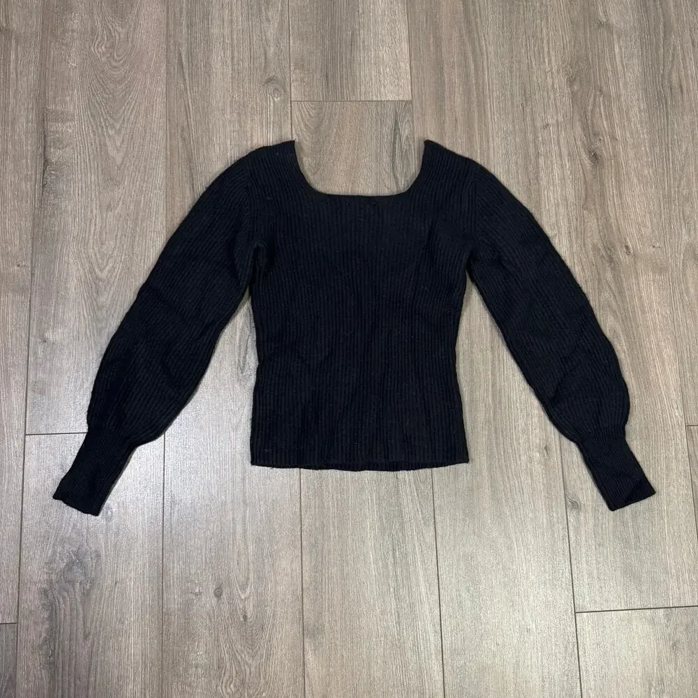 Madewell Soft Wool-Blend Square-Neck Pullover Sweater 2XS Black Blouson Sleeve